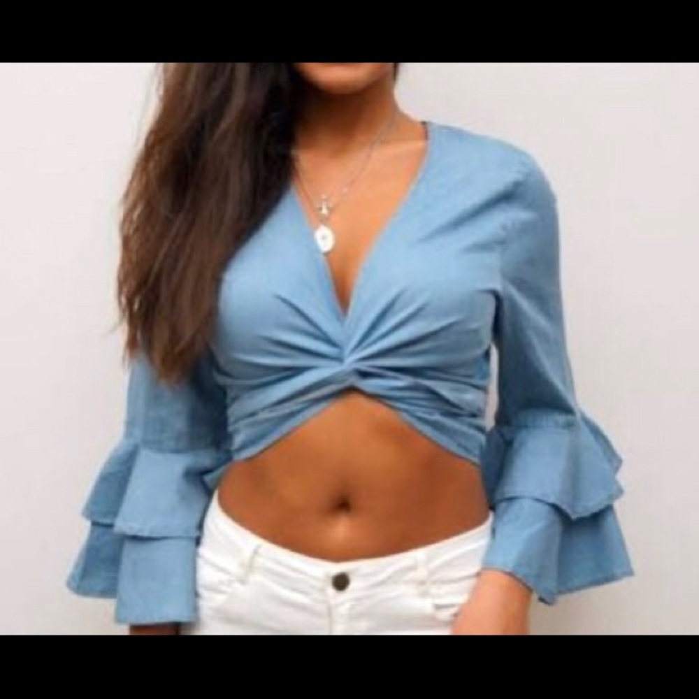 Flared sleeve blouse, ties in front